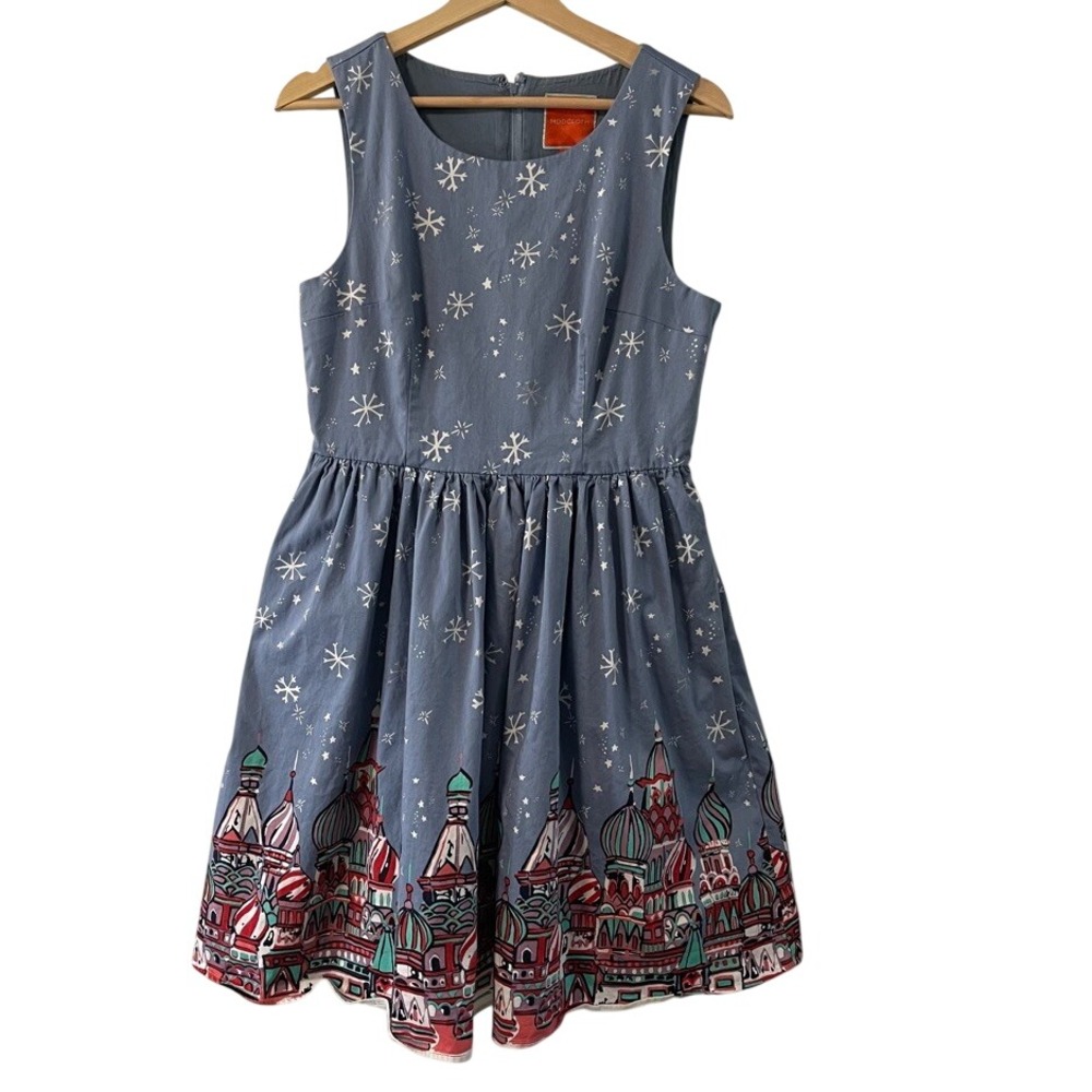 ModCloth Womens Blue Dress Large Snowflake Fit & Flare Holiday